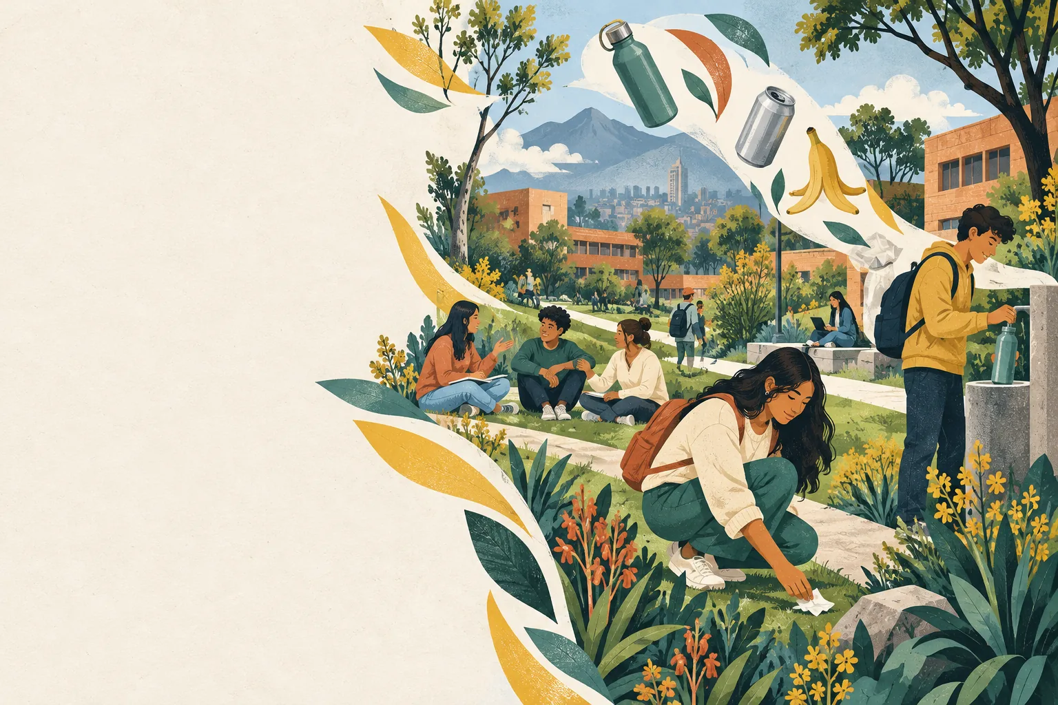 Ilustración de estudiantes compartiendo y cuidando una zona verde universitaria